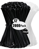 2000 Pack Zip Wire Ties 12 Inch Cable Zip Ties Clear+ Black Tie Wraps with 70 Pounds Tensile Strength, Self-Locking Cable Ties,