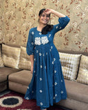 Gosriki Women'S Rayon Blend Anarkali Printed Kurta With Pant (Anveshi Kerosin-Gs_L_Kerosin_Large) Dark Blue,Dark Blue,,B0DP2CV97Q
