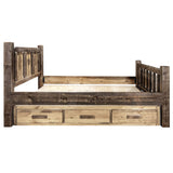 Montana Woodworks Homestead Collection King Storage Bed With Laser Engraved Pine Design, Stain & Clear Lacquer Finish