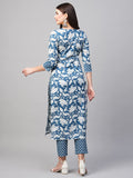 Anni Designer Women'S Cotton Blend Printed Straight Kurta With Pant (Pustak Blue-Gnw_3Xl_White/Blue_Xxx-Large),White/Blue,3XL,Cotton Blend,Regular,Kurta & Pant Set