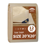 RAINDEWAY 20x20 Feet Heavy Duty Tarp,12 Mil Tan Waterproof Poly Tarp Cover,UV Resistant,Weatherproof,Durable,Multipurpose Tarps