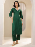 Libas Womens Woven Design Viscose Straight Kurta With Trousers Green Xl