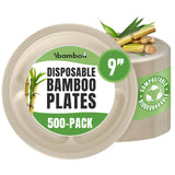 ibambo Bamboo Paper Sectional Plates Disposable (500-Pack, 9-inch) - Sturdy & Microwave Safe | Heavy Duty Disposable Divided Pla