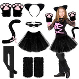Haull 8 Pcs Halloween Kitten Cat Costume Accessories Girl Cat Ear Tail Gloves Bell Choker Necklace Tights Skirt Calf Sleeves(Bla