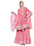 ishin Women's Cotton Anarkali Embroidered Gotta Patti Kurta suit set With Dupatta & Sharara Kpldyt-20012_XXL_Pink