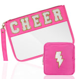 SUILU 2 Pcs Cheer Gifts Cosmetic Makeup Bag with Chenille Letter Patch,with Handles PVC Waterproof Clear Makeup Bag,Portable Toi