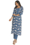 Anni Designer Women'S Cotton Blend Straight Printed Kurta With Pant (Pustak Blue-Bfv_Xxl_Blue_Xx-Large),Blue,2XL