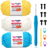 3 Pack Beginners Crochet Yarn Yellow White Blue Cotton Crochet Yarn for Crocheting Knitting Beginners with Easy-to-See Stitches