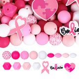 Whaline 104Pcs Breast Cancer Awareness Silicone Beads with Elastic Rope Assorted Pink Rubber Loose Spacer Beads for DIY Crafts J