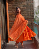 Anni Designer Women'S Rayon Blend Anarkali Solid Kurta With Pant & Dupatta (Garbo Orange_5Xl_Orange_Xxxxx-Large),Orange,5XL,Rayon Blend,Anarkali,