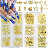Gold Nail Charms, 2Boxes Gold Star Ocean Nail Gems Charms, Metal Small Star Moon Seashell Starfish Summer Charms for Acrylic Nai
