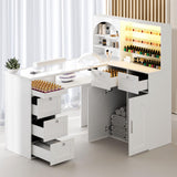 Manicure Table Nail Tech Desk w/LED Display Shelf, L-Shaped Glass Top Nail Station w/USB Ports, Cabinet, Drawer, Wrist Rest, for
