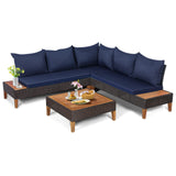 Tangkula 4 Pieces Acacia Wood Patio Conversation Set, Patiojoy Outdoor PE Rattan Sectional Sofa Set with Coffee Table, Corner So