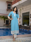 Anni Designer Women'S Cotton Blend Straight Solid Kurta With Pant (Takada Sky Blue-Nw_S_Sky Blue_Small),Sky Blue,S,,,