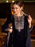 Libas Womens Embroidered Velvet Straight Kurta With Skirt And Dupatta Blue M