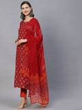 Anni Designer Women'S Cotton Blend Floral Printed Straight Kurta With Pants & Dupatta (Shank-Maroon-Cgd_3Xl_Red_Xxx-Large),Red,3XL,Cotton Blend,Regular,Dupatta