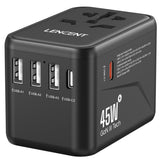 LENCENT Universal Travel Adapter, GaN III 45W International Charger with 3 USB Ports & 2 USB-C PD Fast Charging Adaptor, Worldwi