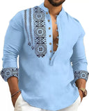DEEMOON Mens Cotton Blend Long Sleeve Casual Short Kurta, Bright blue, XXL
