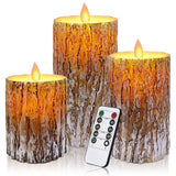 MIVITOOM Pine Bark LED Flameless Pillar Candles Battery Operated with Flickering Warm Yellow Light Moving Wicks, Pack of 3 (D 3
