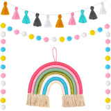 Boao 3 Pcs Pom Pom Garland Boho Rainbow Macrame Wall Hanging Rainbow Tassel Banner Garland Cotton Ball Decor for Home Party Show