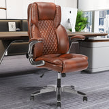 REFICCER Brown Leather Office Chair with Flip up Arms, High Back Ergonomic Executive Office Chairs with Wheels, 90-120 Rocking O