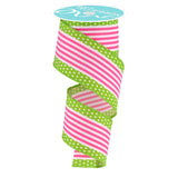 RG Ribbon Vertical Stripes and Polka Dots, Wired Edges, 2.5 Inch x 10 Yards, White, Hot Pink, Lime Green