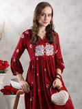 Anni Designer Women'S Rayon Blend Anarkali Printed Kurta With Pant (Anveshi Maroon-Vks03_Xxl_Maroon_Xx-Large),Maroon,2XL,,,