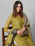 Anni Designer Women'S Cotton Blend Straight Printed Kurta With Pant & Dupatta (Stamp Green_Xxl_Green_Xx-Large),Green,2XL,Cotton Blend,Regular,Dupatta