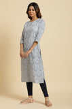 W Blue Paisley Printed Cotton Straight Long Kurta For Women Indigo Blue 3Xl