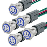 UL Listed 15Amp 5Pcs 16mm Latching Push Button Switch IP67 Waterproof; SPST 1NO, with LED Angel Eye 12V -24V Light; 304-Stainles