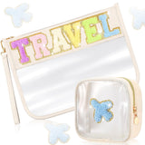SUILU 2 Pcs Travel Gifts Cosmetic Makeup Bag with Chenille Letter Patch,with Handles PVC Waterproof Clear Makeup Bag,Portable To