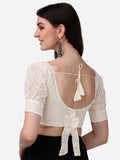 Pujia Mills Women'S Georgett Lucknowi Embroidery Puff Sleeve Tie Up Blouse (Lucknowi Tie) (Off White, 38)