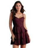 ADDYVERO V-Neck Shoulder Straps Sleeve Glam Glitter Ruffled Tiered Fit Above Knee Length Women Solid Fit and Flare Dress (Maroon