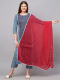 Anni Designer Women'S Cotton Blend Printed Straight Kurta With Pant & Dupatta (Pinkari Blue_M_Blue_Medium),Blue,M,Cotton Blend,Straight,Pants, Dupatta