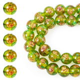 Magibeads 40Pcs 10mm Handmade Gold Sand Lampwork Beads Green Crystal Glass Beads Strand Round with Flower Loose Spacer Crystal R