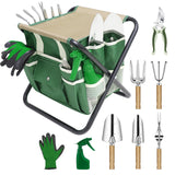 HoHaing Garden Tool Set, 10 Piece Kit with Heavy Duty Folding Stool, Detachable Storage Tote Bag, Stainless Steel Tools, Gifts f