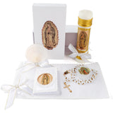 Baptism Candle Set for Boys and Girls,5 PCS Baptism Kit Virgen De Guadalupe Catholic Candle,Towel,Shell,Rosary,Bible for Baptism