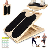 2 In 1 Wooden Slant Board & Balance Board, Portable 6 Angle Adjustable Calf Stretch Board with Training Poster, 300lb Weight Cap