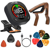 MOREYES Rechargeable Guitar Tuner Clip on Chromatic, Guitar, Bass, Violin, Ukulele Include Guitar Capo and Guitar Picks and Hold