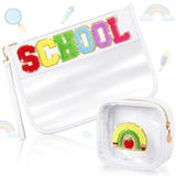 2 Pcs School Gifts Cosmetic Makeup Bag with Chenille Letter Patch,with Handles PVC Waterproof Clear Makeup Bag,Portable Toiletry