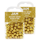 JAM PAPER Colorful Push Pins - Round Head Map Thumb Tacks - Gold Pushpins - 2 Packs of 100