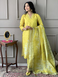 Wedani Muslin Floral Printed With Lace Border Kurta Pant Set With Dupatta For Women,YELLOW,M,Cotton Blend,A-Line,
