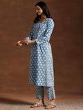Libas Womens Printed Cotton A-Line Kurta With Trousers Blue Xl