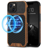TENDLIN Magnetic Case Compatible with iPhone 13 Case Wood Grain with Carbon Fiber Texture Design Leather Hybrid Slim Cover (Comp