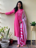 Anni Designer Women'S Cotton Blend Straight Printed Kurta With Pant & Dupatta (Noor Pink_M_Pink_Medium),Pink,M,,,