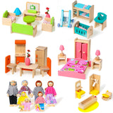 Civaner 52 Pcs Wooden Dollhouse Furniture Set Including 8 Family Dolls Miniature Doll House Accessories 1:12 Scale 5 Space Kits