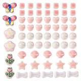 Elecrelive 66 pcs Pink Theme Handmade Porcelain Beads Butterfly Flower Star Round Cube Bright Glazed Porcelain Spacer Beads for