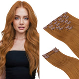 HOTBANANA Clip in Hair Extensions Real Human Hair, 135g 9pcs 14 inch Auburn Ginger Straight Remy Clip in Extensions Full Head fo