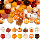Ripeng 200 Pcs Thanksgiving Wooden Beads Thanksgiving Orange Craft Beads Pumpkin Maple Leaf Gnome Plaid Colorful Round for Autum