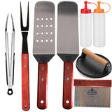 La Cuisine 8 PCs Flat-Top Griddle BBQ Accessories Kit Including Solid & Perforated Spatulas, Fork, Tong, Cast Iron Meat Press, C